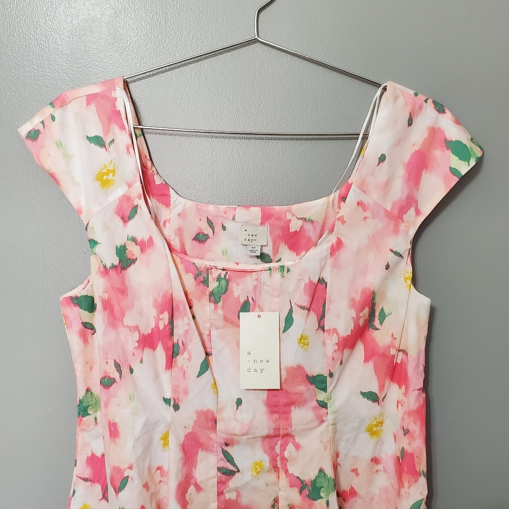 NWT A New Day Pink Floral Cotton Womens Dress Fit and Flare Size 10 - Picture 2 of 8